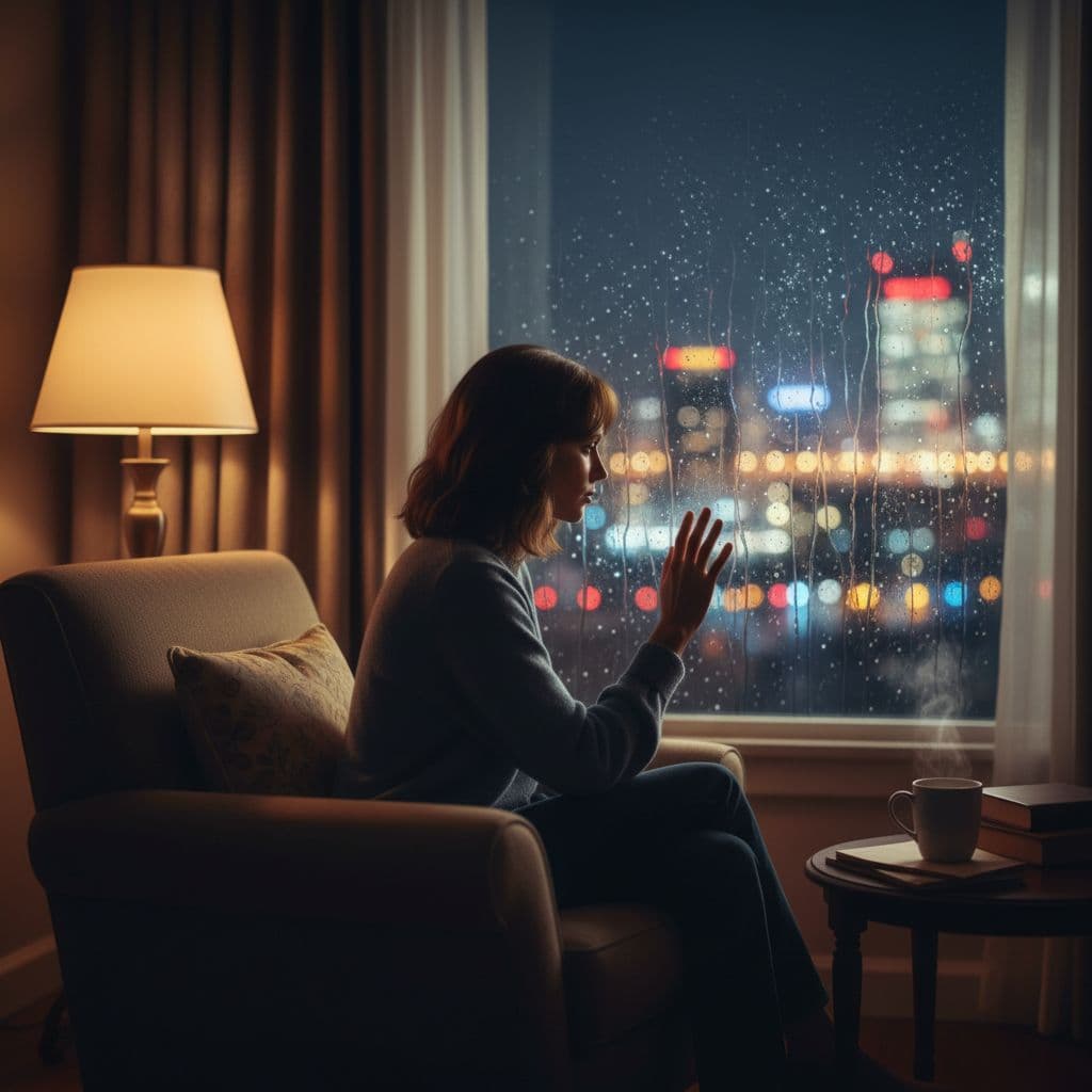 A solitary figure sits in a dimly lit room, gazing at distant city lights through a rain-streaked window.