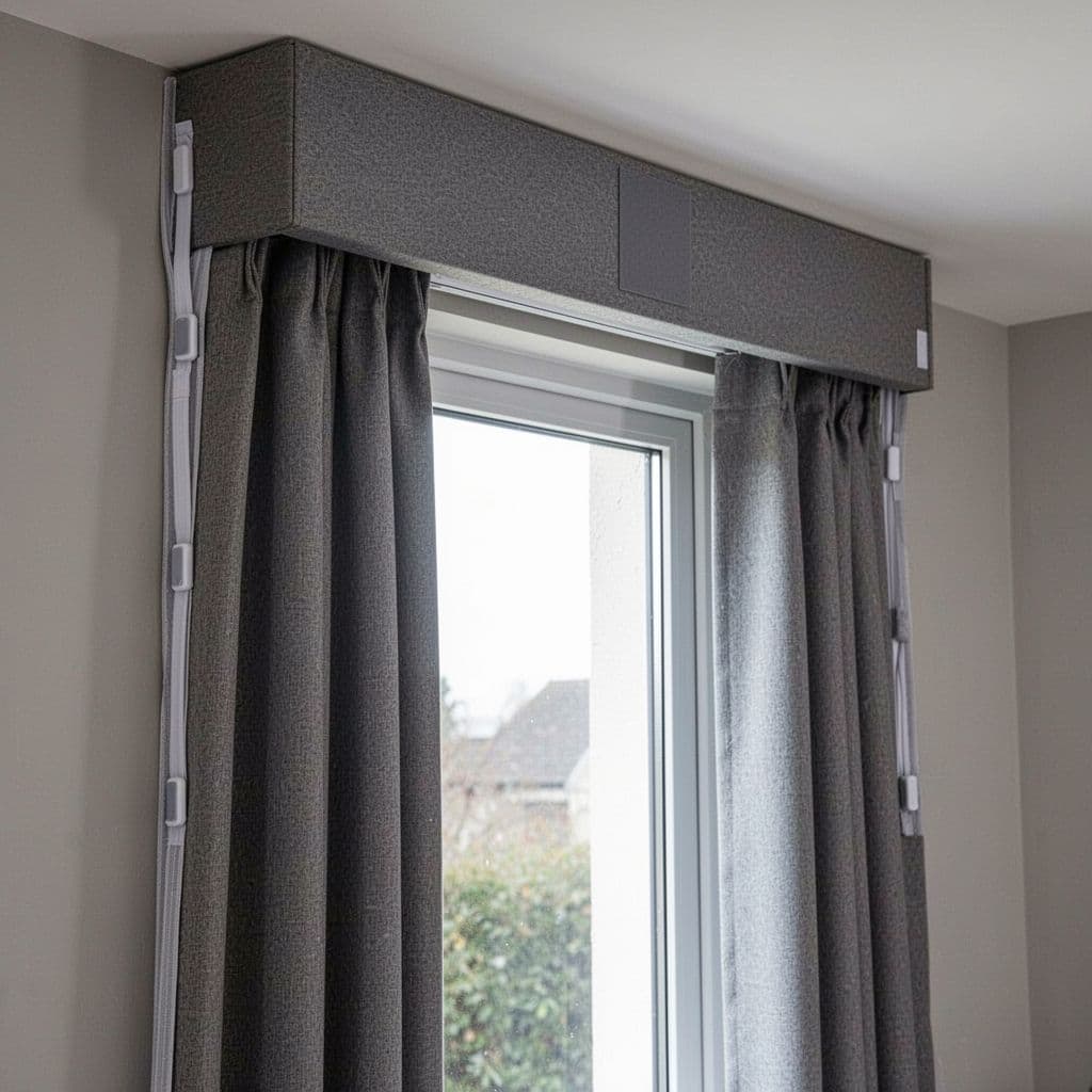Close-up view of home window installation featuring a curtain pelmet box and side magnetic fixings sealing heavy acoustic curtains for soundproofing. Thick fabric panels hang straight in natural indoor light, realistic high-resolution photography focused on hardware in a clean modern interior.