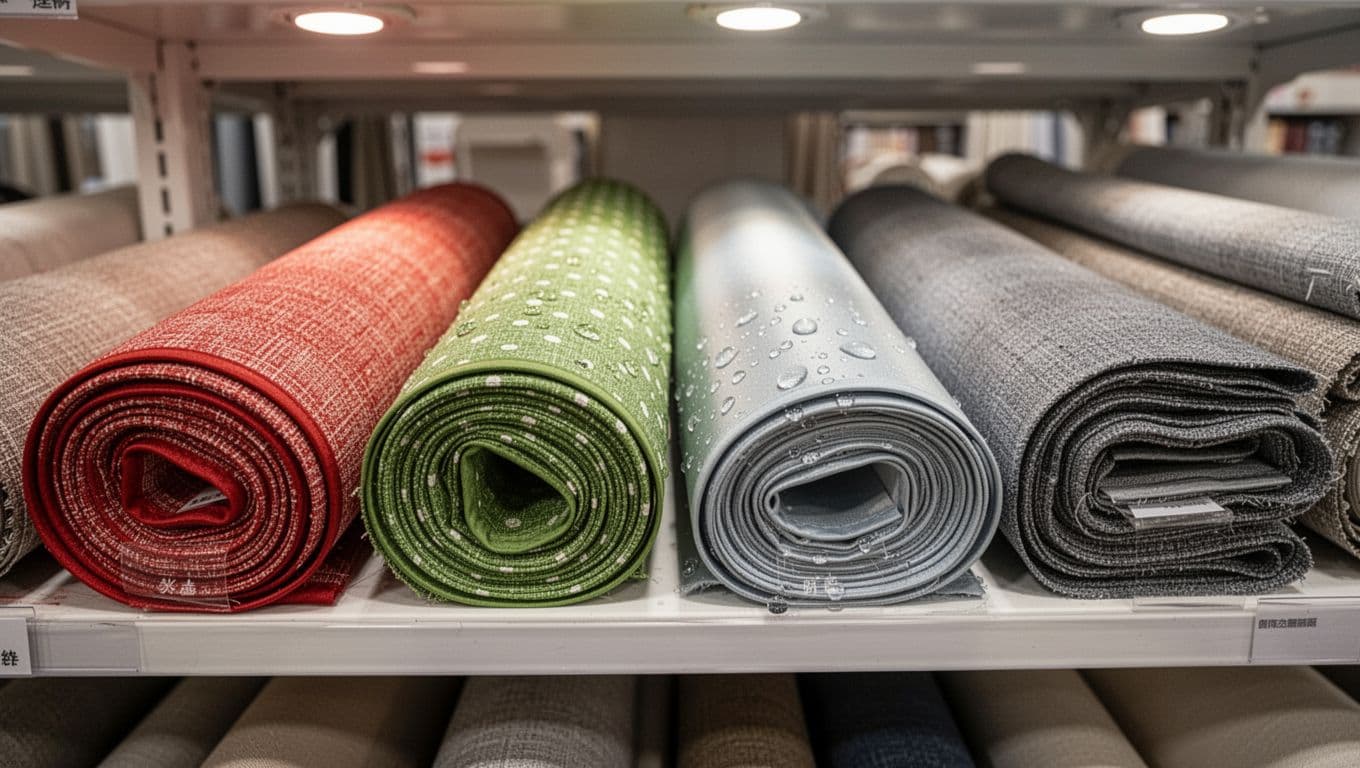 Neatly arranged rolls of flame-retardant red-edge, antibacterial green-dot, water-repellent smooth, and insulated thick-layer curtain fabrics on a store shelf, illuminated by soft lighting to highlight texture differences. Foreground focuses on four rolls with blurred background, realistic style with detailed material textures, no people or text.