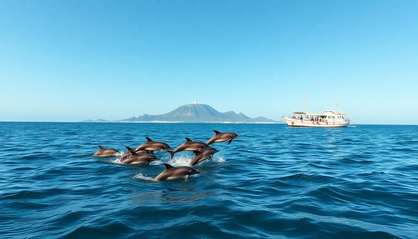 Guishan Island coast with playful spinner dolphins and a whale watching boat
