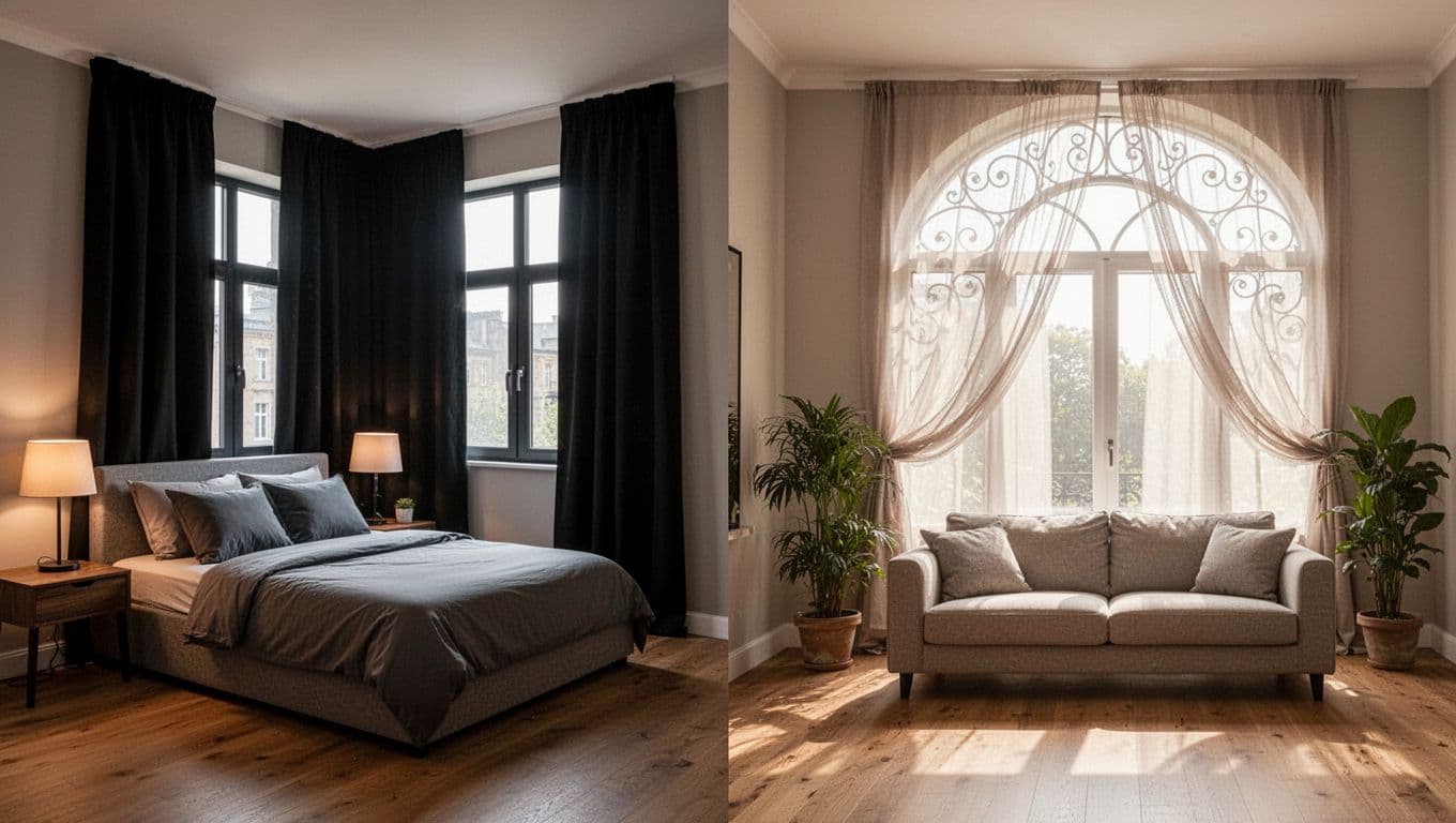 特殊窗型訂製窗簾會貴多少?轉角窗、弧形窗費用解析 Photorealistic split image of a modern minimalist home: left side shows a serene bedroom with thick blackout curtains blocking sunlight, cozy lamp-lit bed; right side depicts a stylish living room with sheer curtains filtering daylight onto a sofa and plants.