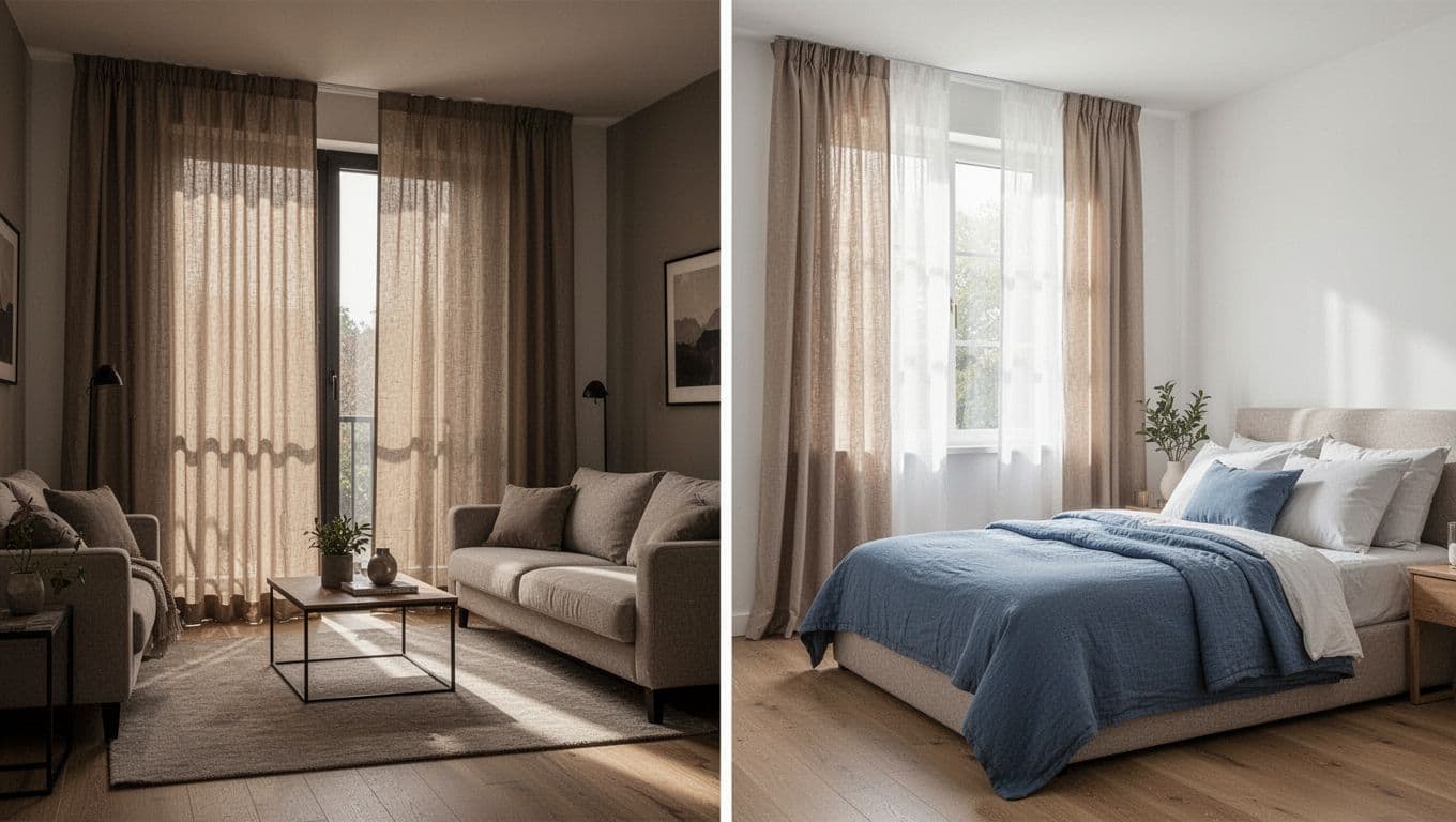 Side-by-side split-image of a modern living room with heavy blackout curtains blocking all sunlight for privacy and a cozy bedroom with soft medium-density curtains allowing gentle filtered light, both in high-detail realistic style with no people.