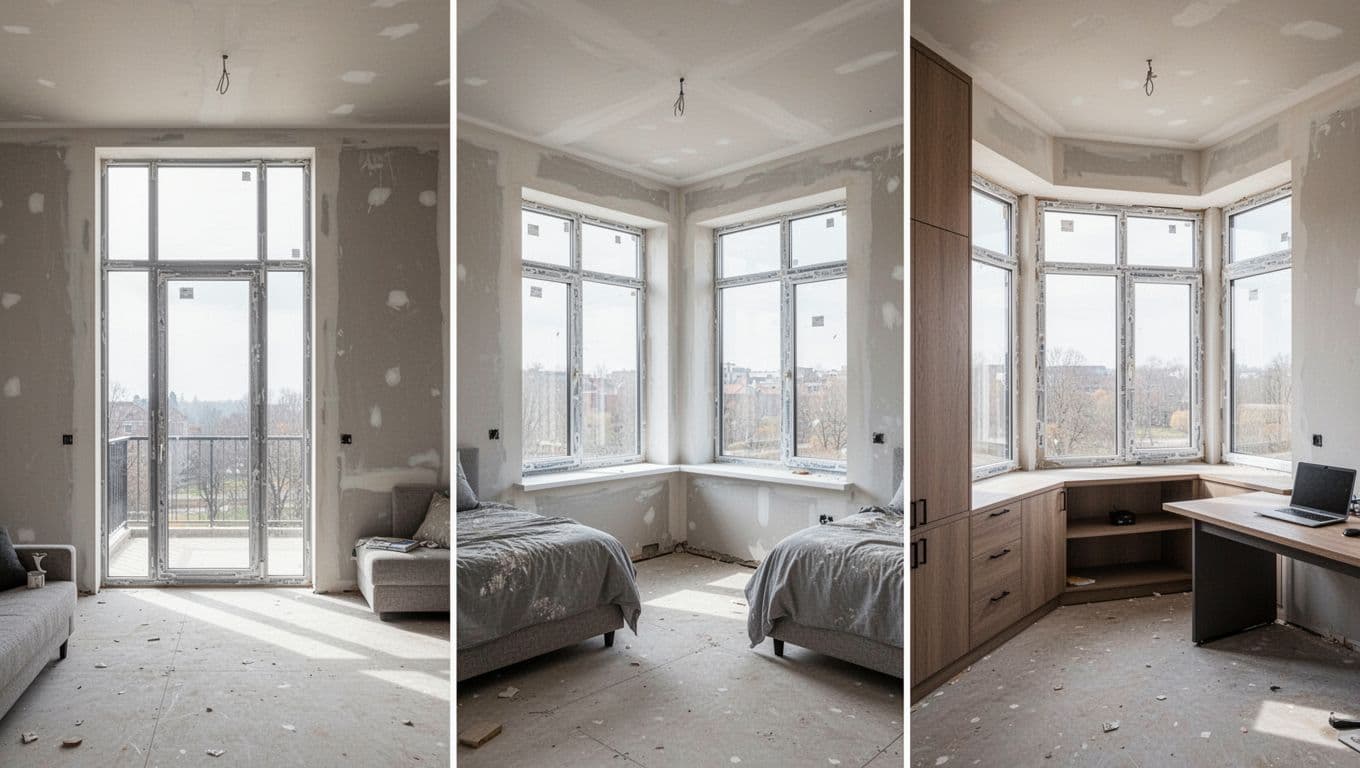 Photorealistic split-panel illustration depicting a floor-to-ceiling window in a living room, a corner window in a bedroom, and a bay window with integrated cabinet in a study, all in unfinished modern minimalist interiors with natural daylight.