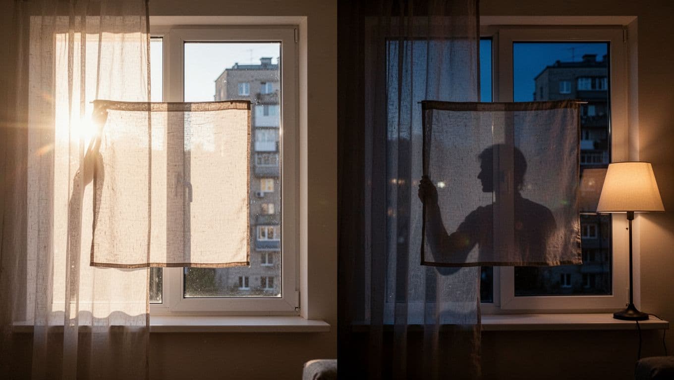 Split scene in apartment window: left daytime sunlight showing curtain fabric translucency; right nighttime lamp creating silhouette for privacy. Photorealistic, no people.