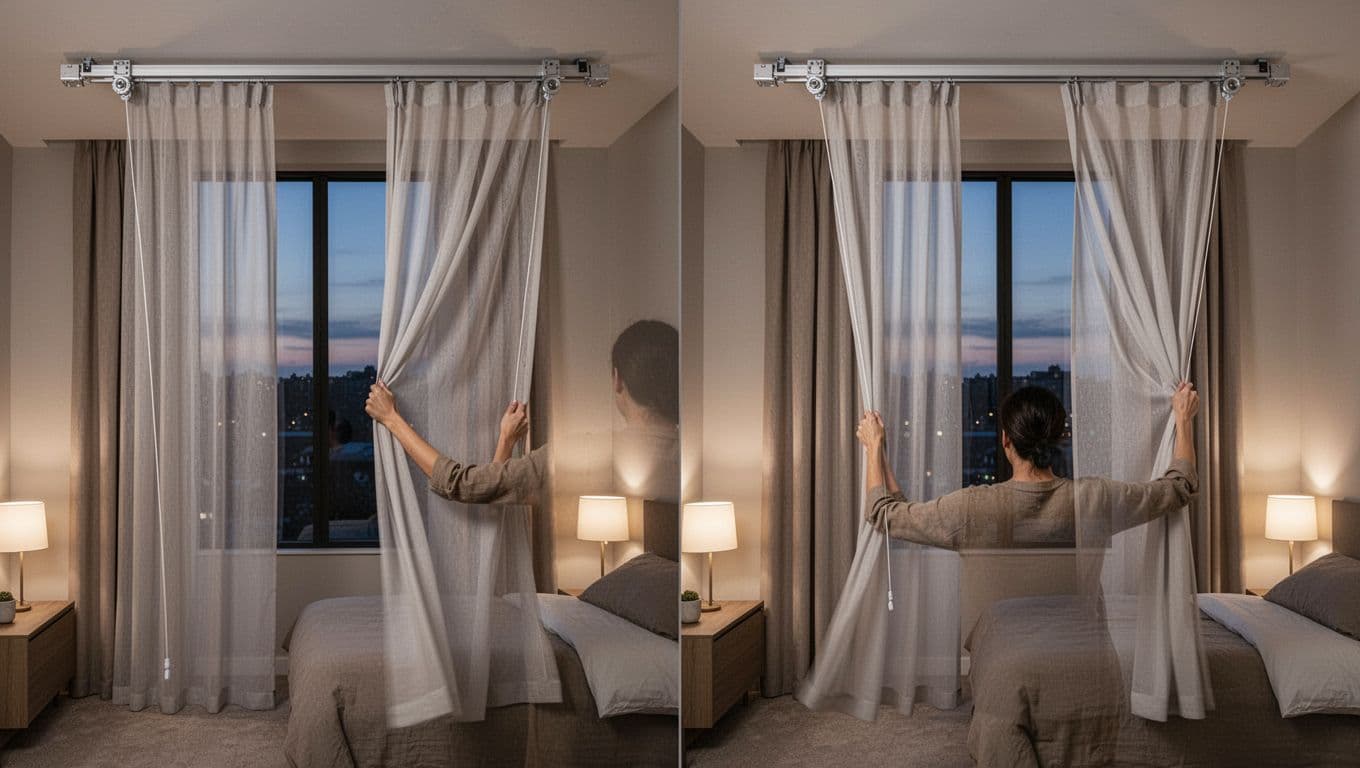 Split-scene composition in a modern minimalist bedroom shows gentle and quick cord pulls on floor-length curtains gliding silently on a sleek ceiling-mounted aluminum track system. Photorealistic view from behind a single distant person, with soft evening lighting from a bedside lamp.