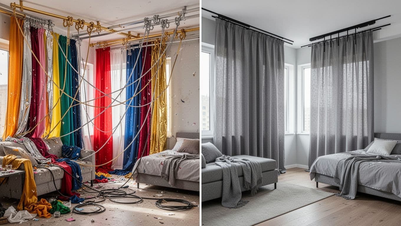 Split-screen realistic photo of an empty modern apartment contrasting chaotic mismatched colorful curtains and tangled cords on the left with perfectly unified neutral gray curtains and tidy tracks on the right.