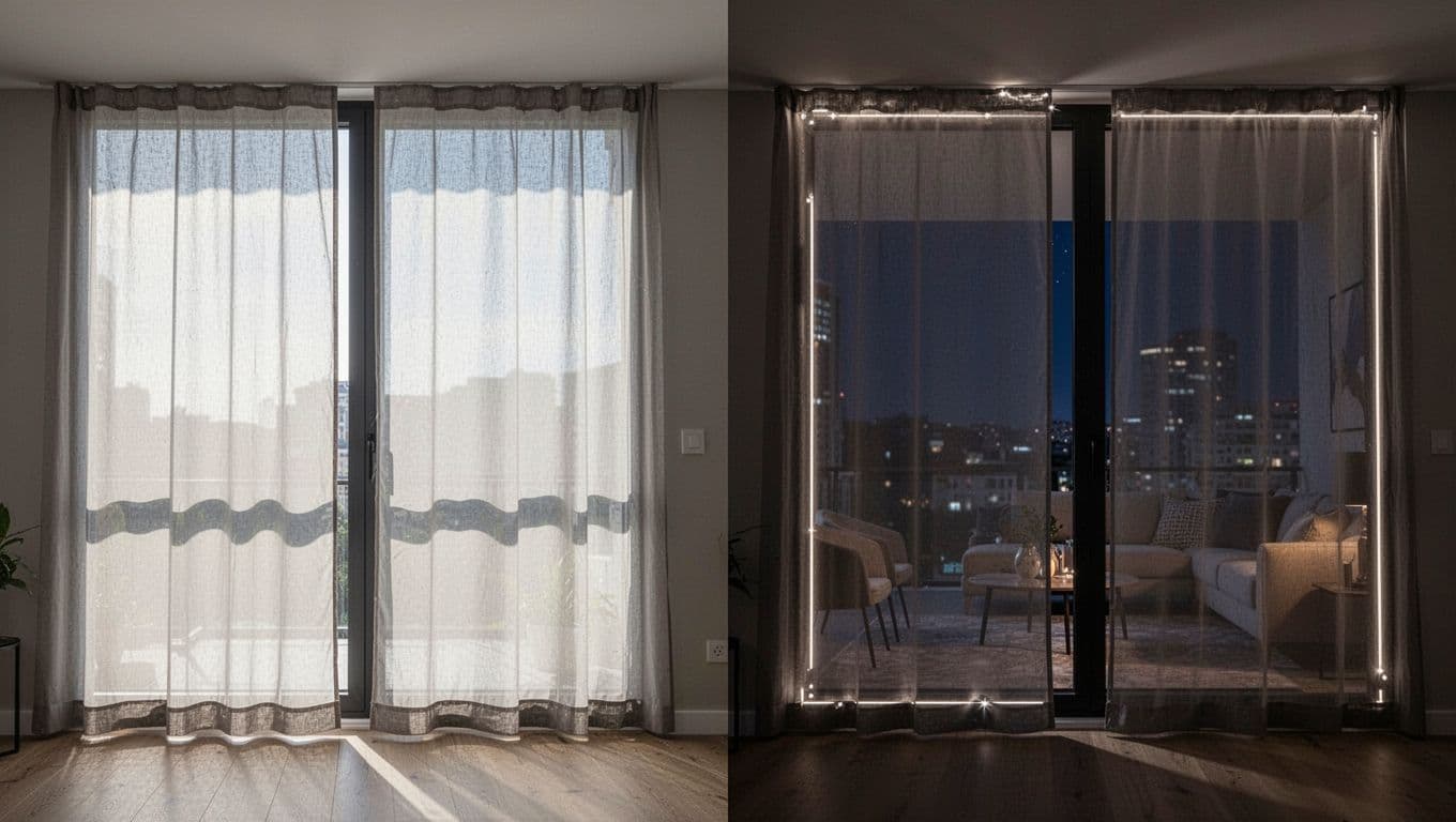 訂製窗簾裝歪怎麼辦?驗收自檢與修法全指南 Photorealistic split-view image: left side shows daytime exterior of closed curtains with backlighting revealing minimal edge gaps; right side depicts nighttime interior lit room viewed from outside with no light leaks through seams or fabric.