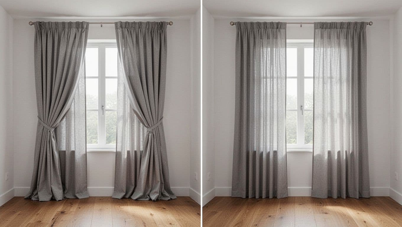 訂製窗簾想控制預算,先決定這 3 件事 Split-view comparison of generous pleats versus minimal pleats on soft gray fabric curtains in a bare minimalist bedroom with large windows, soft morning light, and high-detail realistic photography.