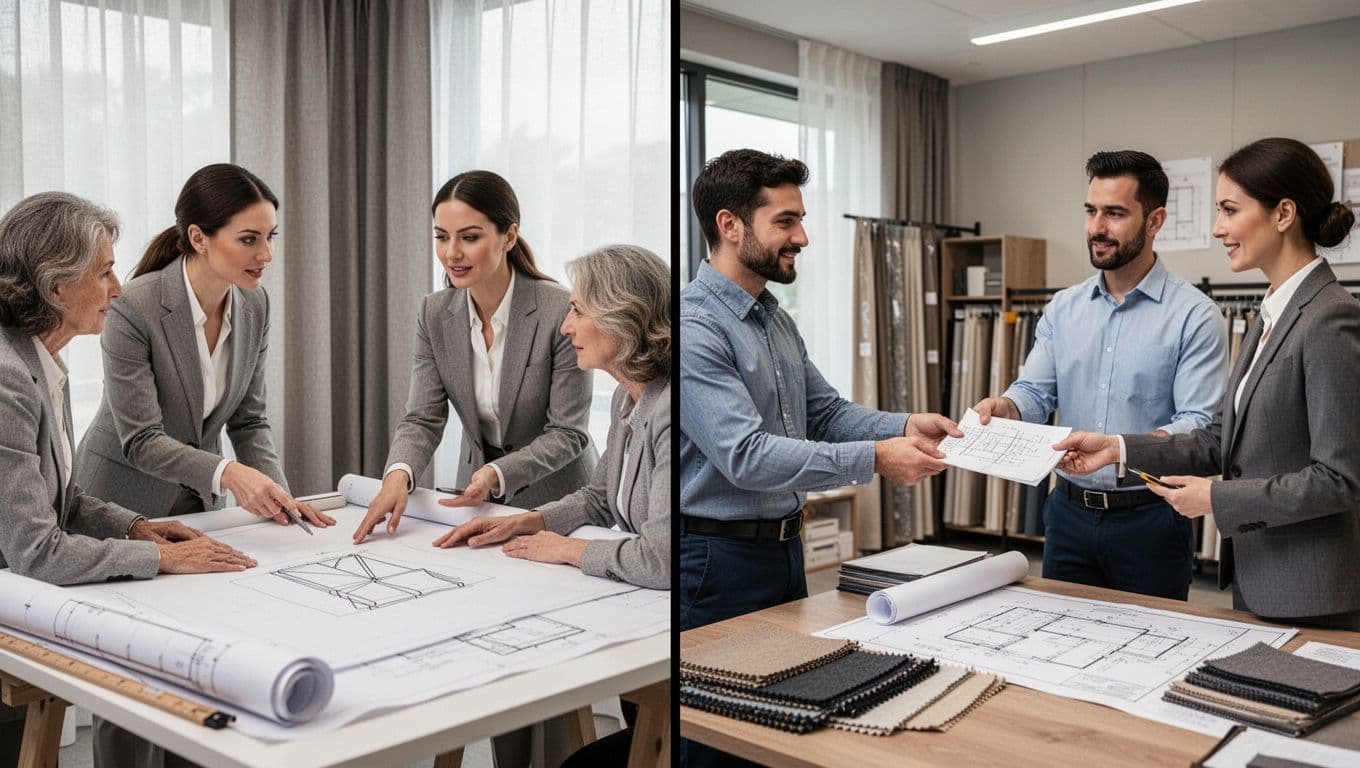 Photorealistic split-view image: left side depicts an interior designer discussing curtain plans with a client at a drafting table; right side shows a construction coordinator handing measurement notes to a curtain shop representative in a modern office.