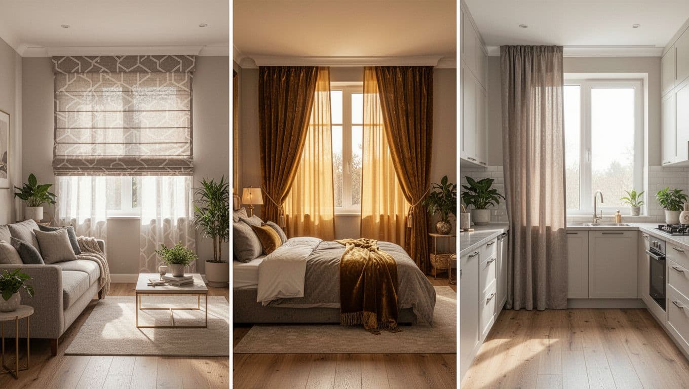 窗簾訂製預算表:入門到高規3種方案全指南 Photorealistic split-view image divided into three sections: cozy modern living room with Roman shade curtains, luxurious master bedroom with automated velvet curtains, and simple kitchen with polyester floor-length curtains, featuring neutral decor, natural lighting, and focus on curtain details.