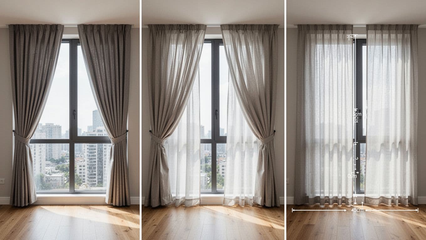 Photorealistic split-view image showing three curtain styles on large modern windows in a bright apartment: crisp pleated with tie-backs, billowy gathered in center-split, and floor-length hovering above floor.