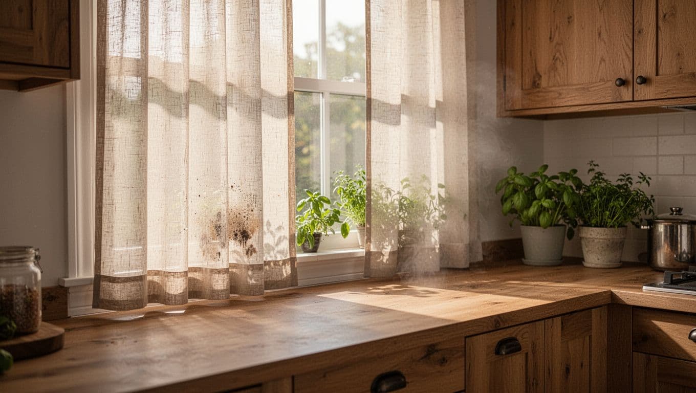 訂製窗簾一定要花錢的3大地方:布料、五金、安裝全解析 A window curtain installed near a sunny kitchen counter demonstrates durable fabric that resists grease and stains, with subtle everyday use signs but no dirt. Morning sunlight filters through the realistic home interior featuring wooden cabinets and herbs on the sill, focusing on the curtain's clean texture and natural folds.