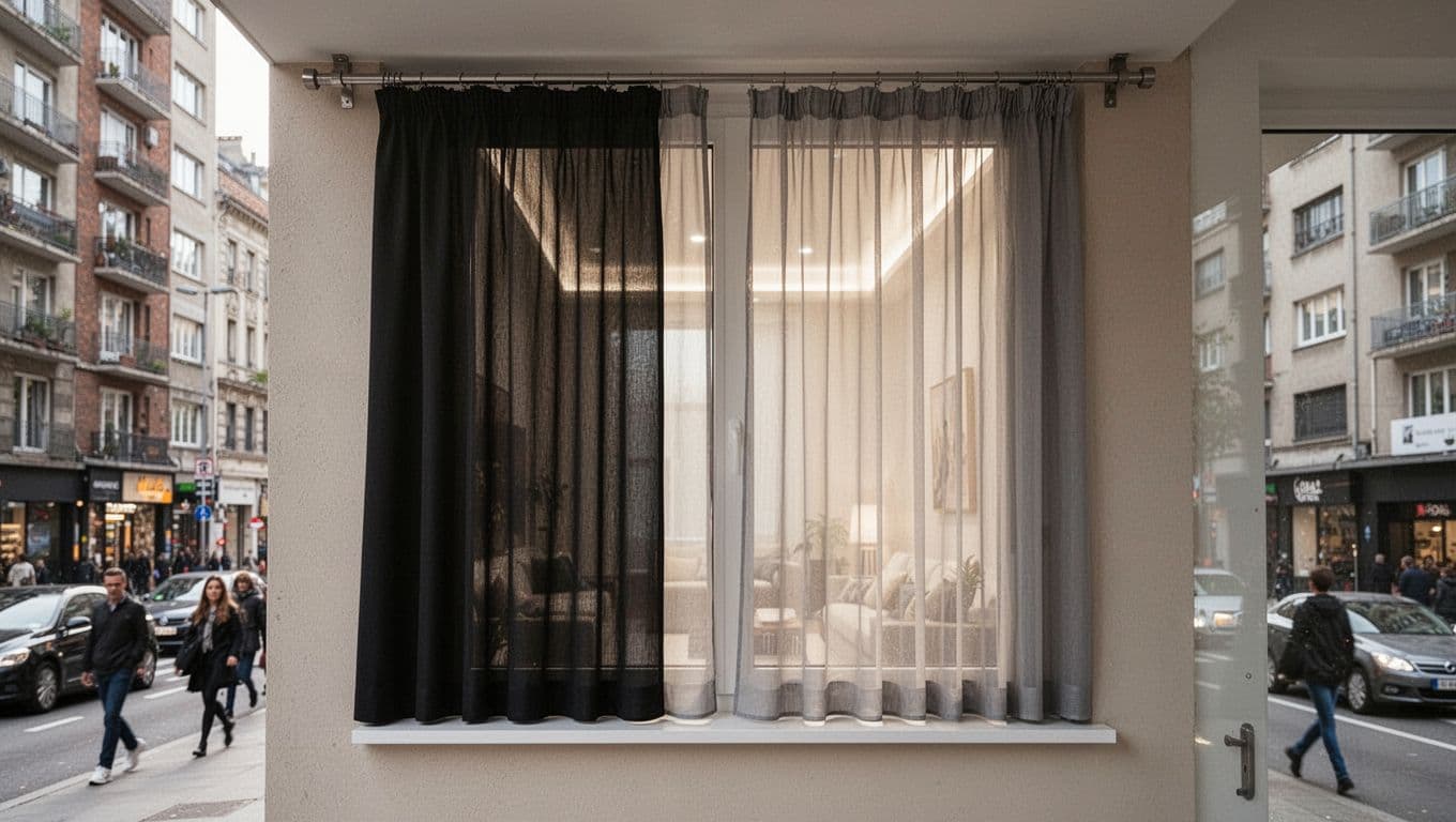Photorealistic street-level view of a low-floor apartment window fully covered top-to-ceiling with multi-layer blackout curtains on sturdy tracks, blocking all interior view despite bright indoor light, set against a busy urban street with pedestrians and cars.
