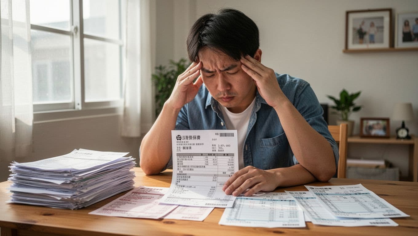 接案者投保薪資怎麼選才不焦慮:穩定退休金與勞保給付完整指南 A Taiwanese freelancer sits at a home desk cluttered with unpaid bills and salary statements, pressing temples in stress while viewing a high labor insurance premium bill, in a bright realistic style with simple home background.