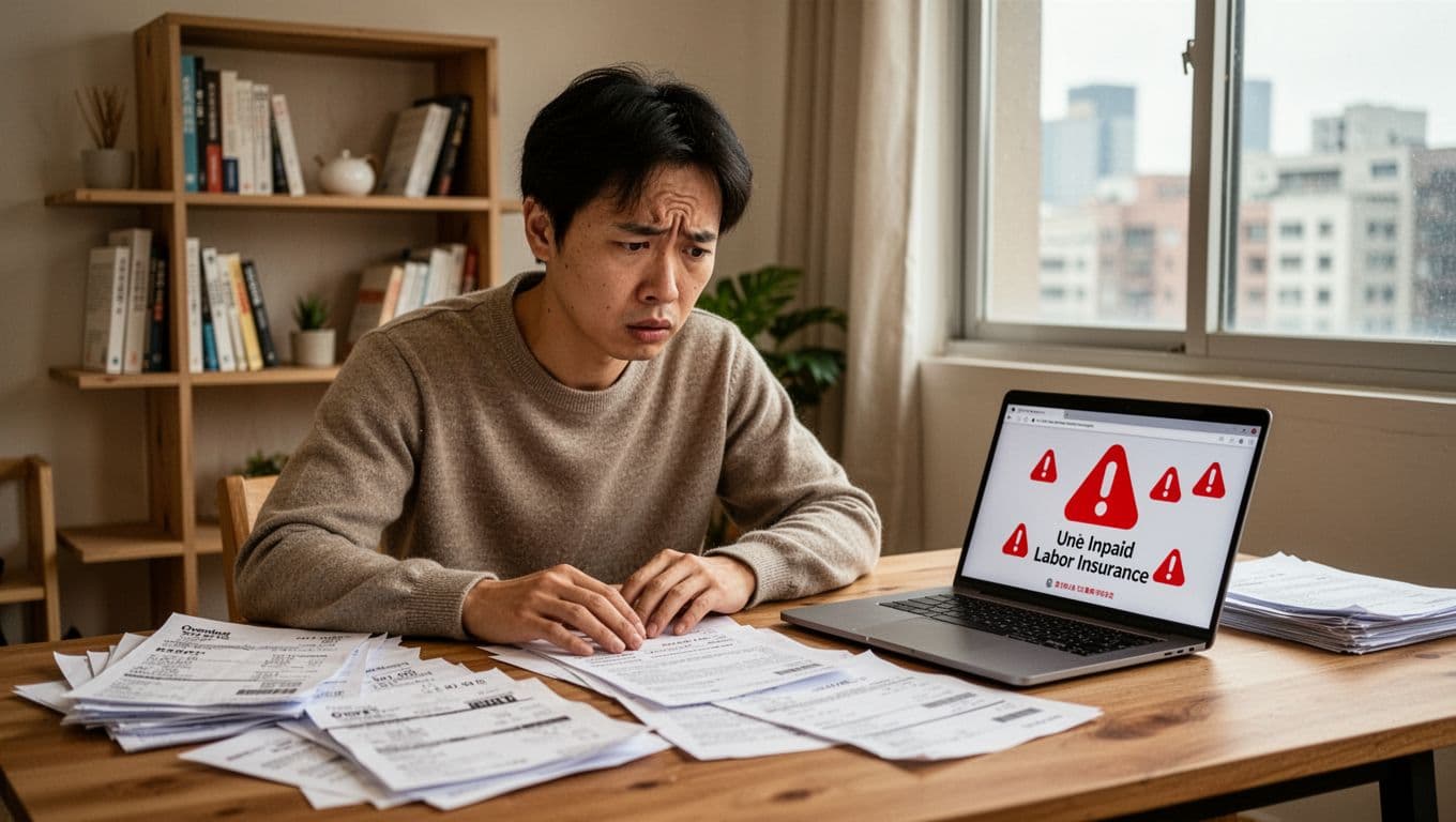 工會加保最怕的3件事:雙邊加保、欠費、資料不一致 A worried Taiwanese freelancer in a cozy home office sits at a desk cluttered with overdue bills and a laptop showing unpaid labor insurance notifications via red warning icons. Foreground focuses on the stressed person with hands on desk and papers; background includes a simple bookshelf and city view window, in realistic style with natural daylight and warm tones.