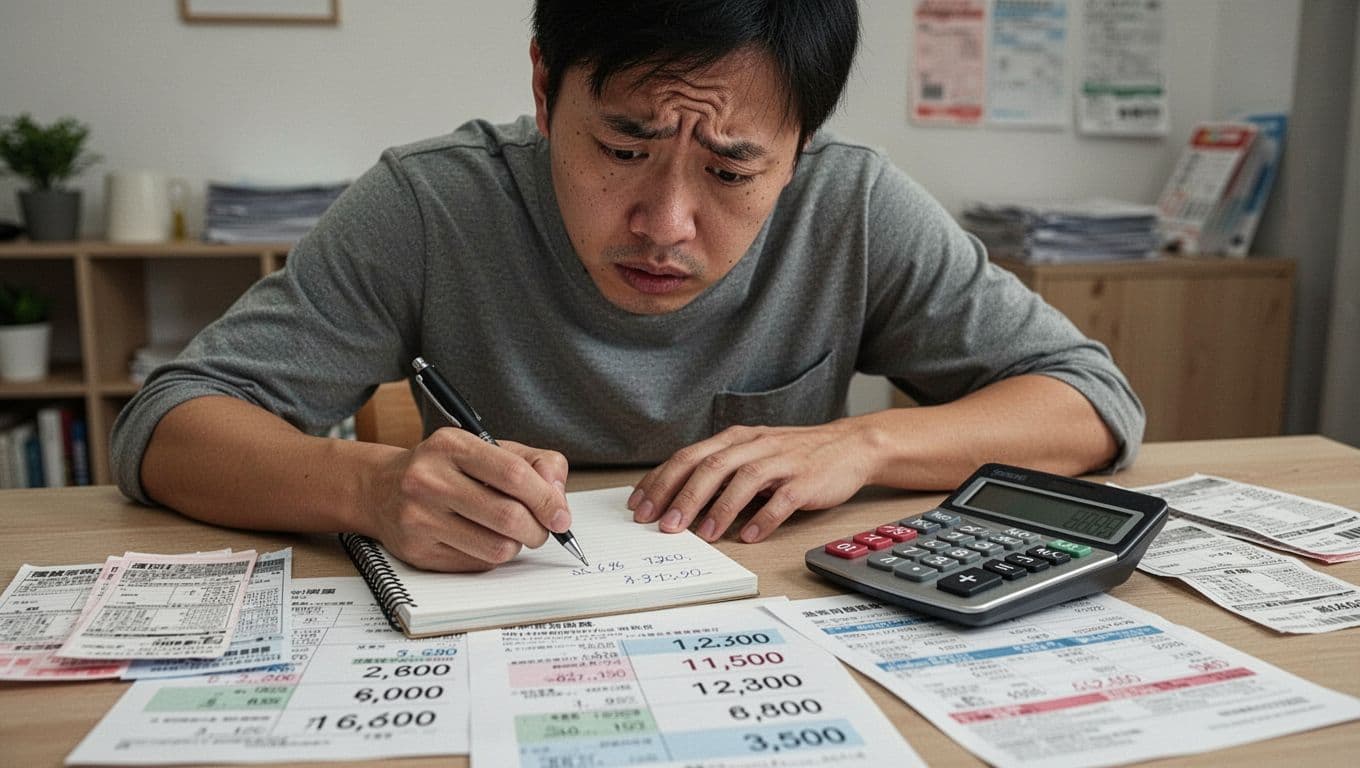 工會加保最怕的3件事:雙邊加保、欠費、資料不一致 A stressed Taiwanese worker calculates financial losses on a notepad next to a calculator and insurance statements showing reduced benefits, with a worried face in focus amid bills in a simple home background.