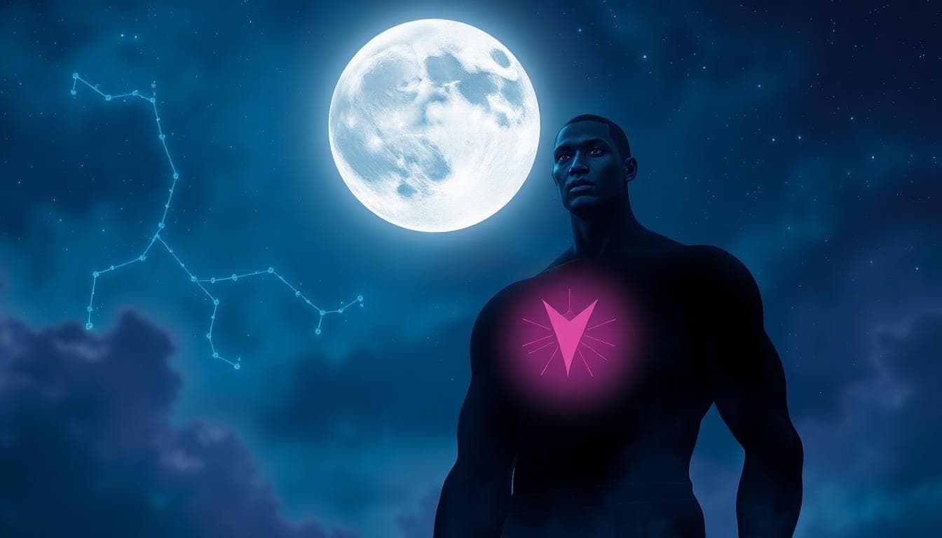 A strong figure under a Scorpio moon, maintaining boundaries with a protective aura around their emotional energy, deep blues and purples, mystical and empowering atmosphere, digital art style, foreground shows the person with a calm expression, background starry night with Scorpio constellation. Specify foreground with the figure standing firmly, background with subtle energy waves protecting the heart area. Style keywords: ethereal, introspective, no text, high detail.