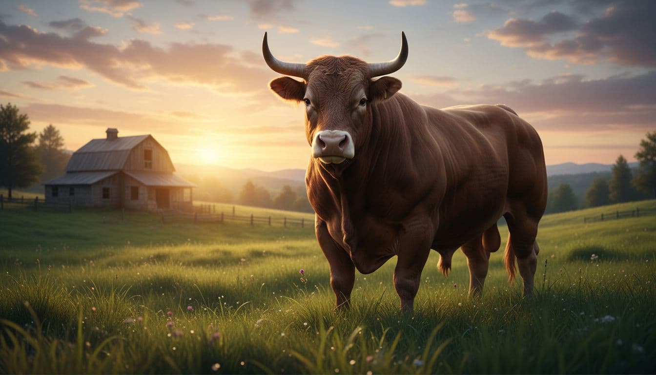 一頭強壯的公牛站在綠油油的田野中,背景是寧靜的農舍和夕陽,象徵金牛座的可靠與堅持。圖像由AI生成。