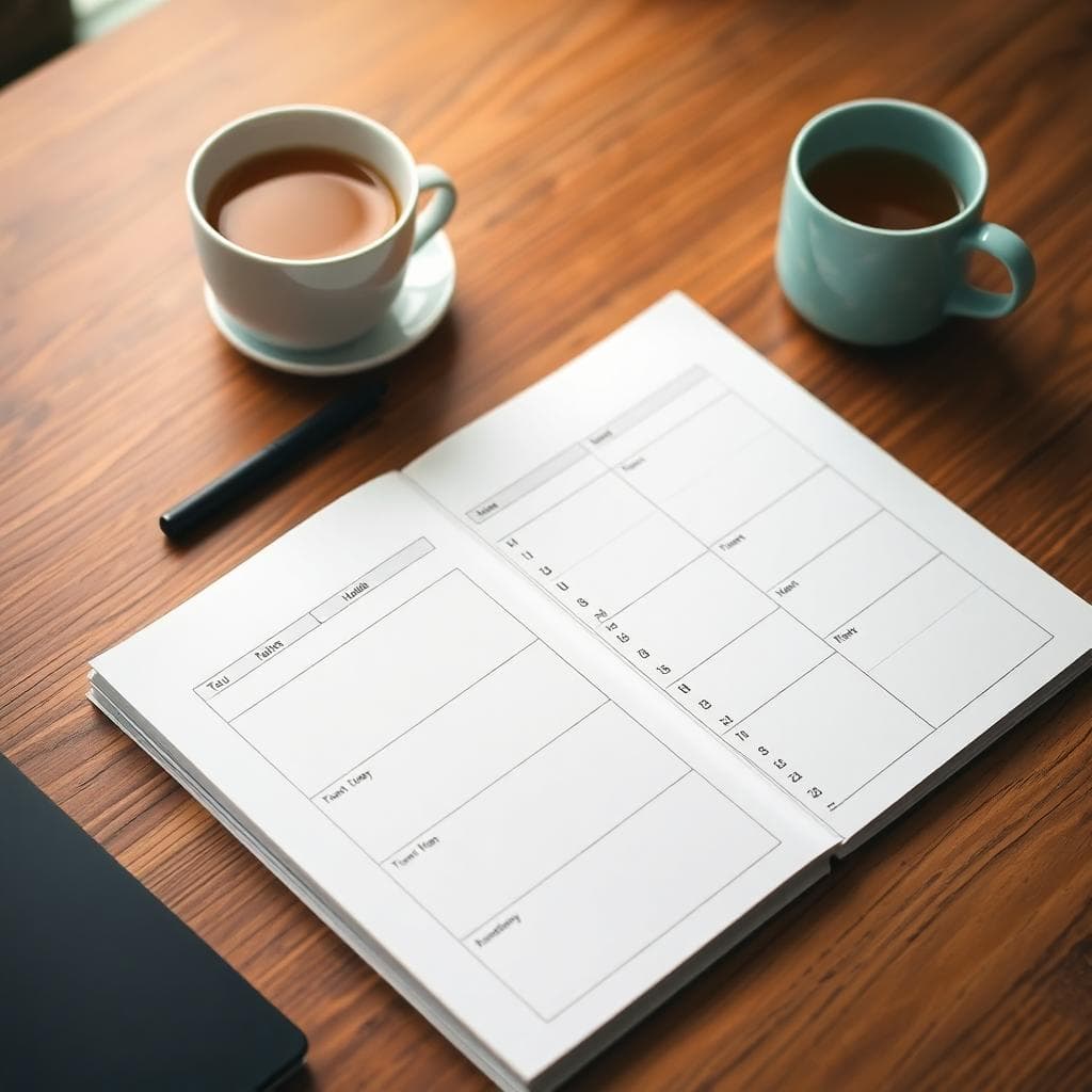 結構化日程與任務分解的日常規劃圖,AI生成,溫暖光線下的桌面與筆記本
