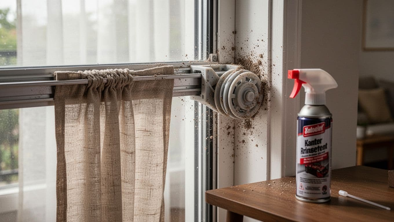 Realistic close-up of a curtain pulled halfway and stuck on a cheap thin aluminum track inside a home window, with a deformed plastic pulley jammed against the inner wall showing dust buildup and burrs, and a spray lubricant bottle nearby on a table.