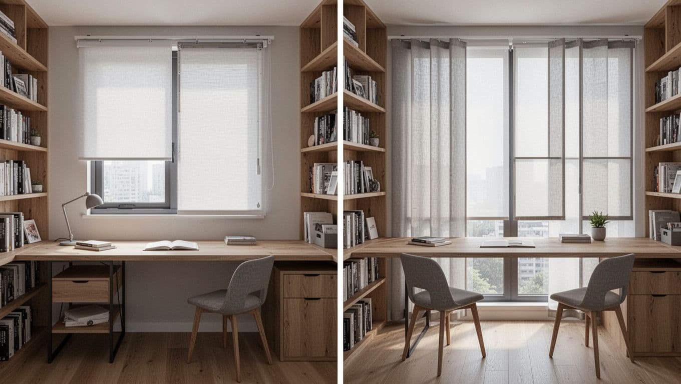 訂製窗簾不同房間要花多少?客廳臥室書房估算全指南 Split-view realistic photo comparing study room windows: left small window with precise system curtain fully controlling light on compact desk, right large expansive window with segmented panel curtains divided for easy adjustment over wide desk area, both scenes feature bookshelves, chairs, natural diffused light, wooden elements, high detail on track systems and fabric segments ensuring flatness and weight support, no people, exactly one desk per side with minimal items, clean modern style, landscape aspect ratio, no text or watermarks.