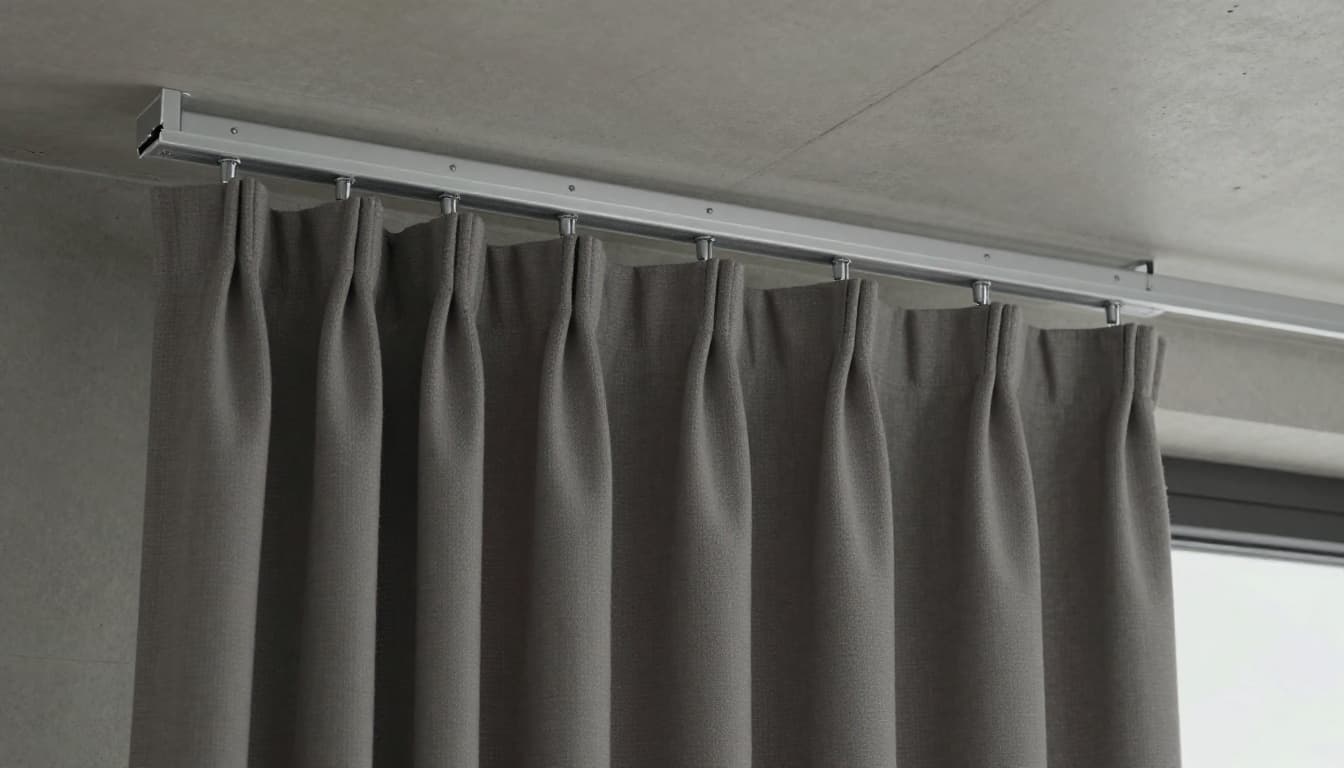Realistic photography of a robust aluminum alloy curtain track mounted on a concrete ceiling with evenly spaced brackets fixed by deep-embedded screws, supporting heavy curtains without sagging, under natural light.