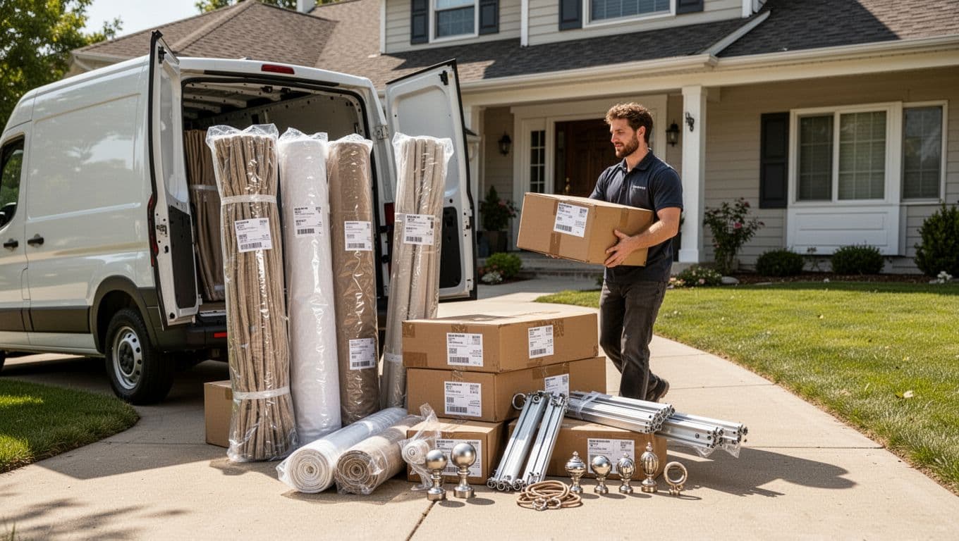 A delivery worker unloads rolled-up custom curtains and boxes of aluminum tracks, Roman shade rings, finials, and tiebacks from a van at a suburban house driveway during bright daytime.