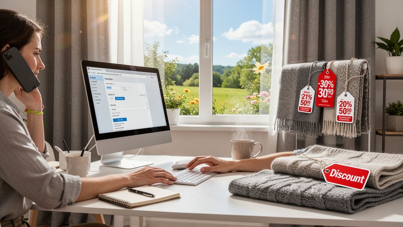 A person in a bright modern home office during summer places an order for thick winter curtains via phone or computer, with summer scenery outside the window and promotional discount tags on nearby curtain samples in a relaxed atmosphere.