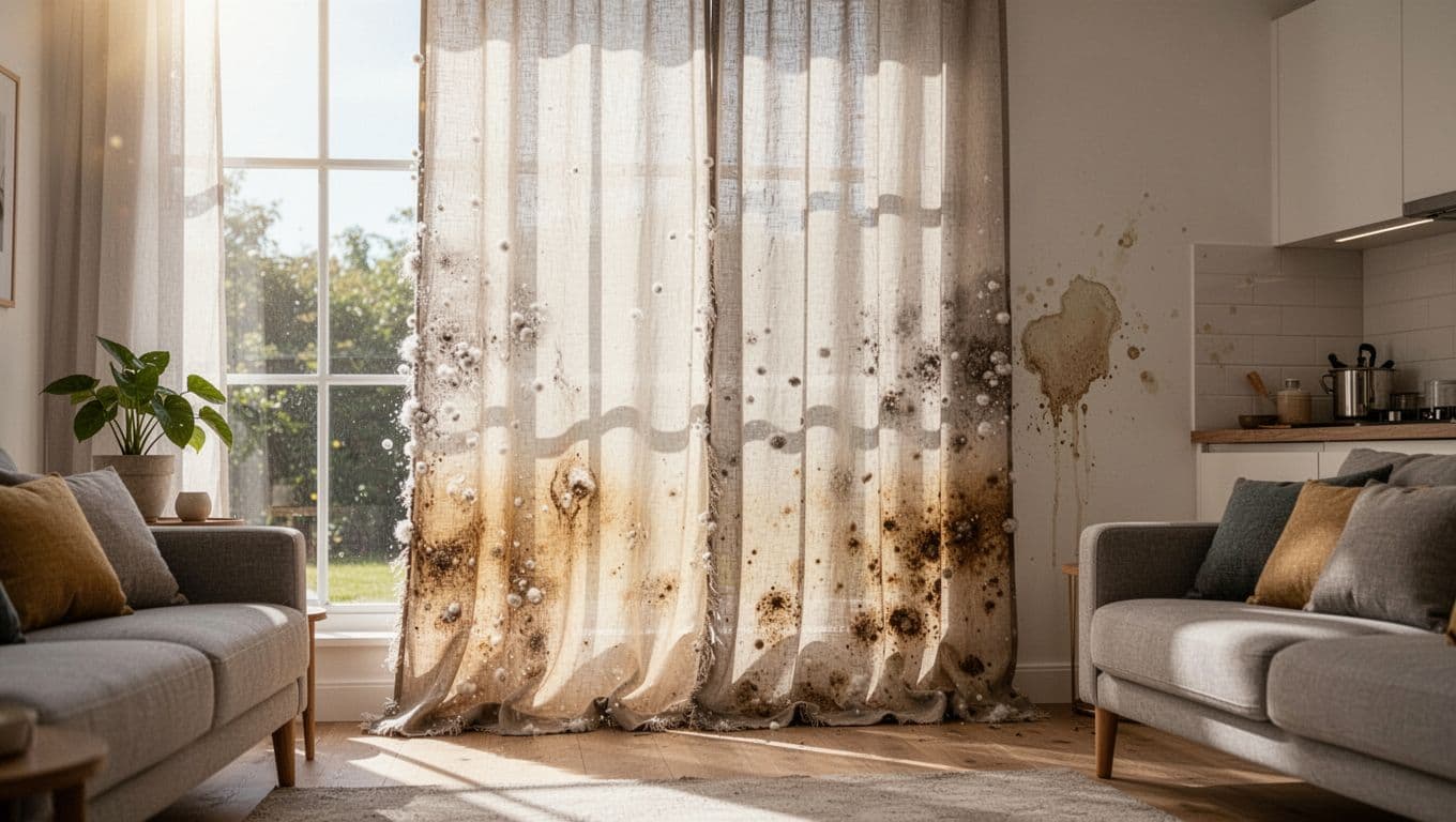 Realistic photograph of a single window curtain panel hung straight in a bright modern living room, displaying uneven color fading on the sun-exposed side, fabric pilling and fuzz on edges, shrinkage puckers, humidity stains, and nearby kitchen grease spots from strong sunlight and environmental wear.
