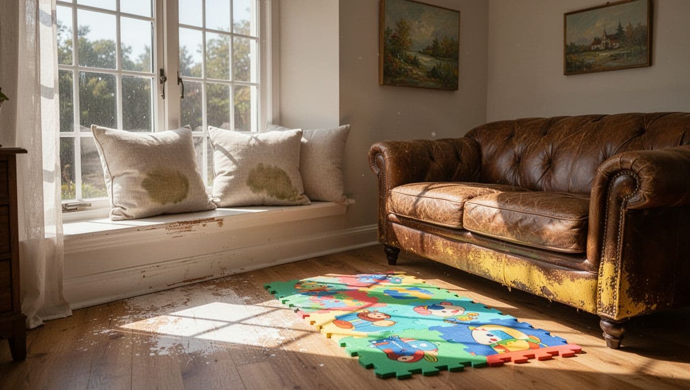 訂製窗簾抗UV值得選嗎?價格差異與實際效果解析 A bright empty living room bathed in west-facing sunlight, revealing subtle UV damage on light pillows, yellowed sofa edges, faded wooden floor, wall art, and play mat near large windows. Realistic high-detail rendering with warm tones and natural daylight, focusing on fading details in a comfortable home environment.