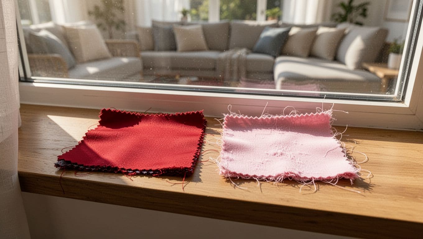 New vibrant red curtain swatch beside faded pale pink version after sun exposure on a windowsill in a bright living room.
