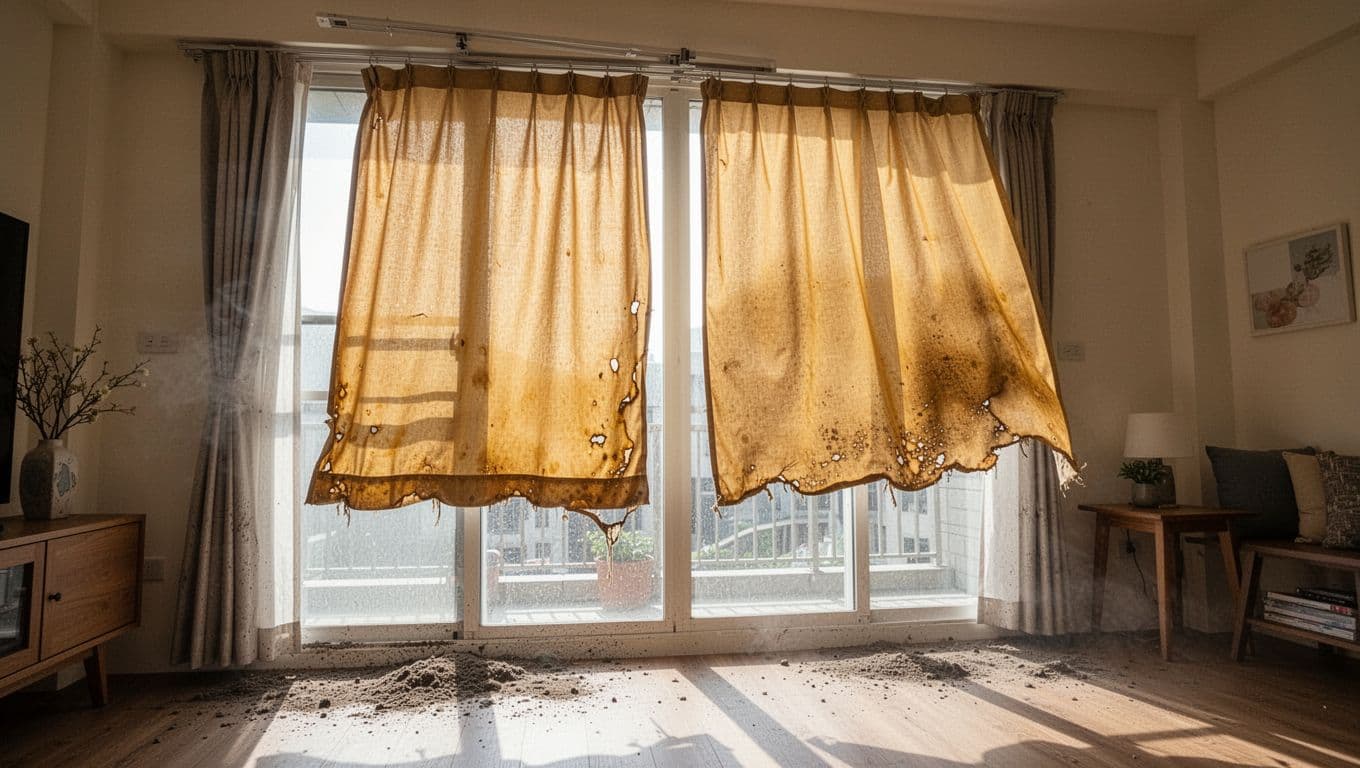 Intense sunlight floods a southern Taiwan home's living room through large floor-to-ceiling windows, highlighting custom track-mounted curtains with severe yellowing, curled edges, and sun damage. Dust builds up on sills amid humid air, with simple furnishings and no people in high-res realistic style.