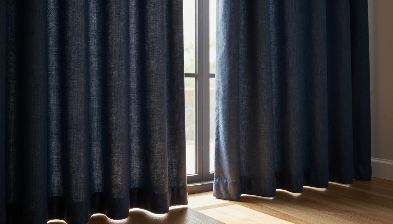 Realistic indoor scene featuring a single deep navy blue curtain panel hanging by a large floor-to-ceiling window, with visible color fading on edges and folds from strong west sunlight in a bright living room.