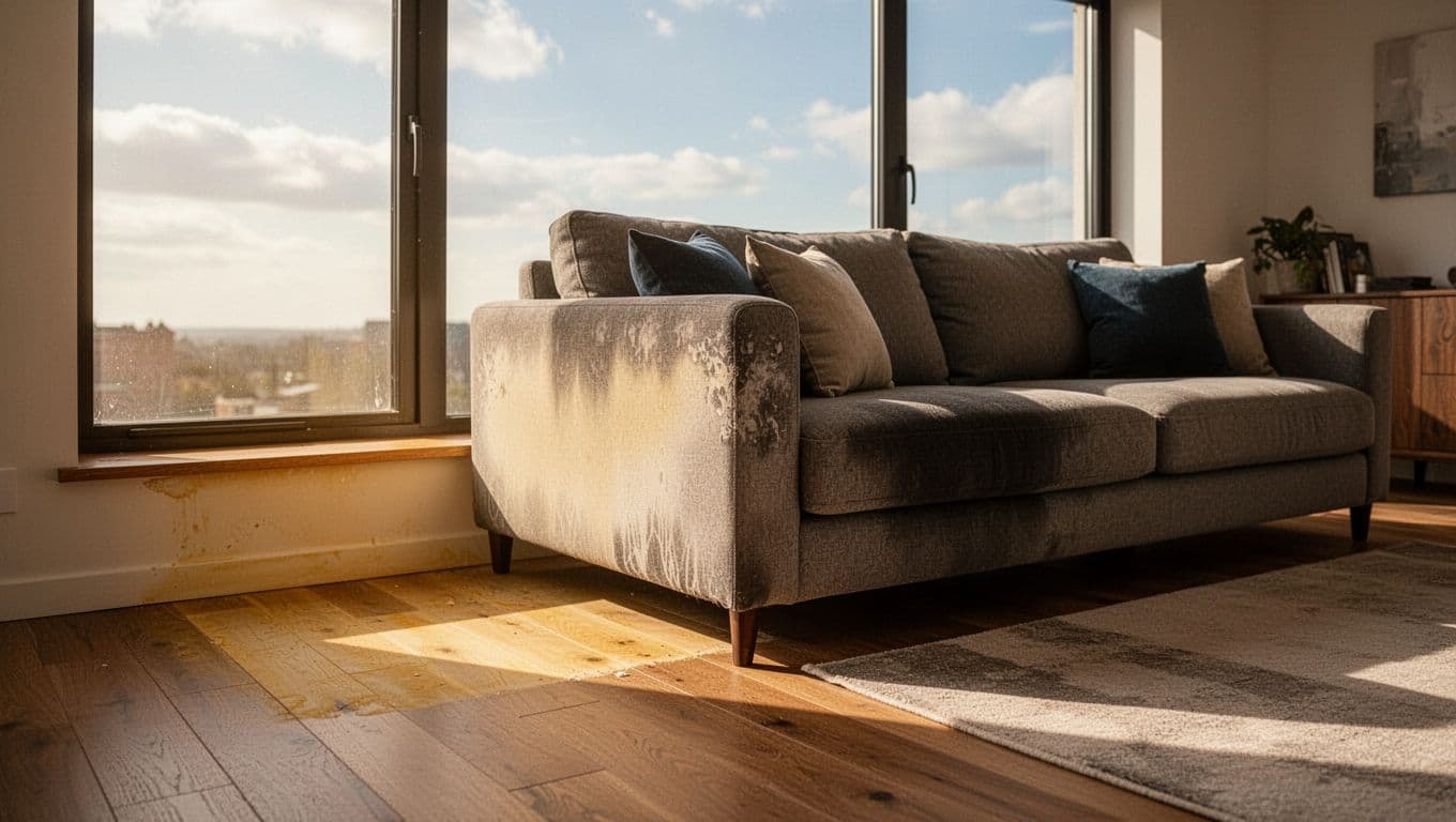 訂製窗簾抗UV值得選嗎?價格差異與實際效果解析 Photorealistic modern living room with large west-facing windows during intense afternoon sunlight, showing UV-induced fading on sofa armrests and back, bleached wooden floorboards near windows, and color contrast under pulled-back rug.