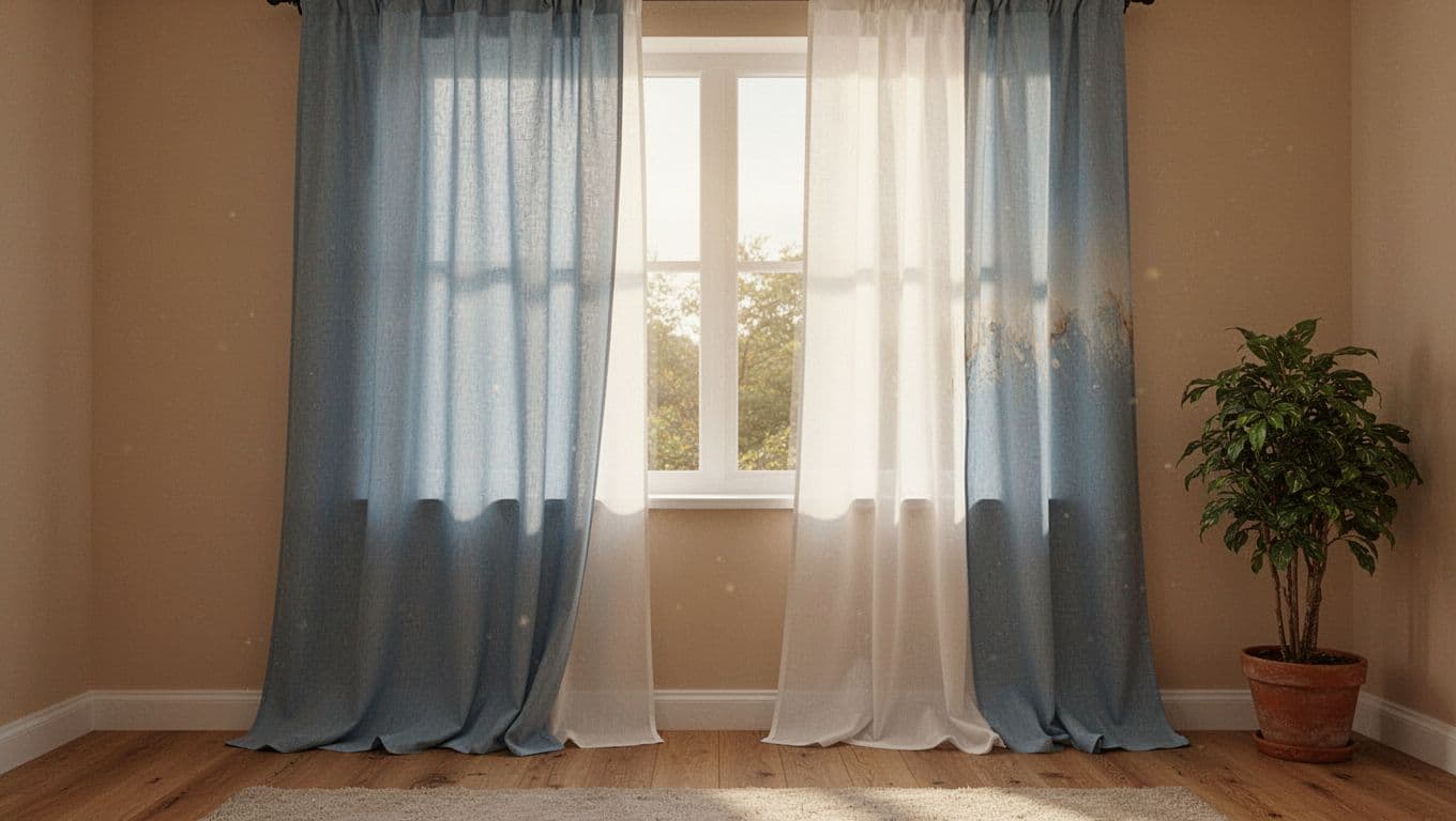 Photorealistic view of a cozy bedroom window bathed in afternoon sunlight, featuring two light blue curtain panels: one single-layer faded from sun exposure and another double-layer with intact vibrant color.
