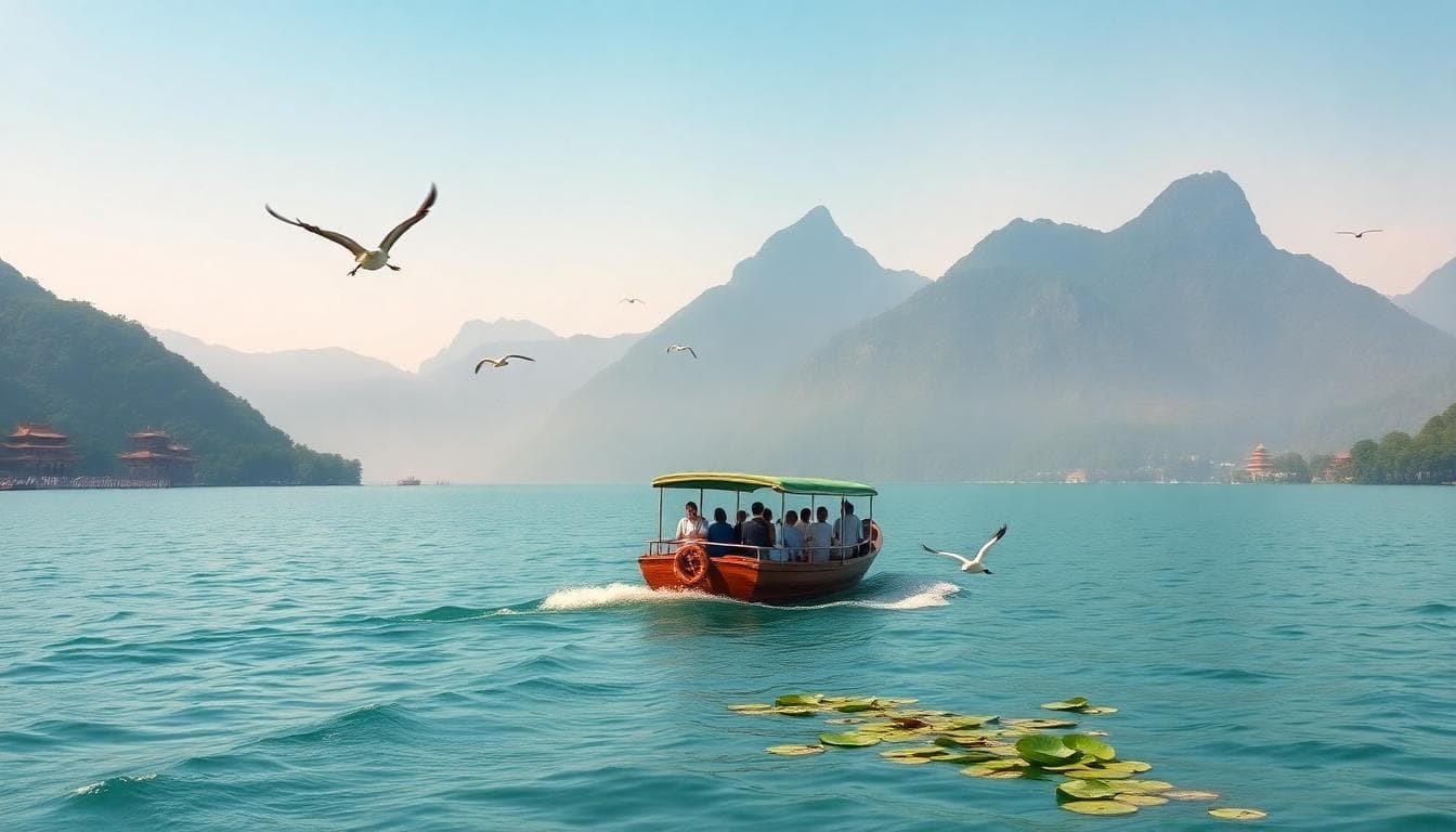 A scenic boat ride on Sun Moon Lake from Itashao to Chaowu Pier, Taiwan