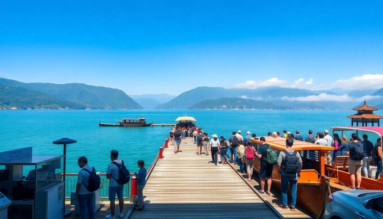 A bustling yet serene pier at Shuishe Wharf in Sun Moon Lake, Taiwan, with tourists queuing for boat tickets under a clear blue sky