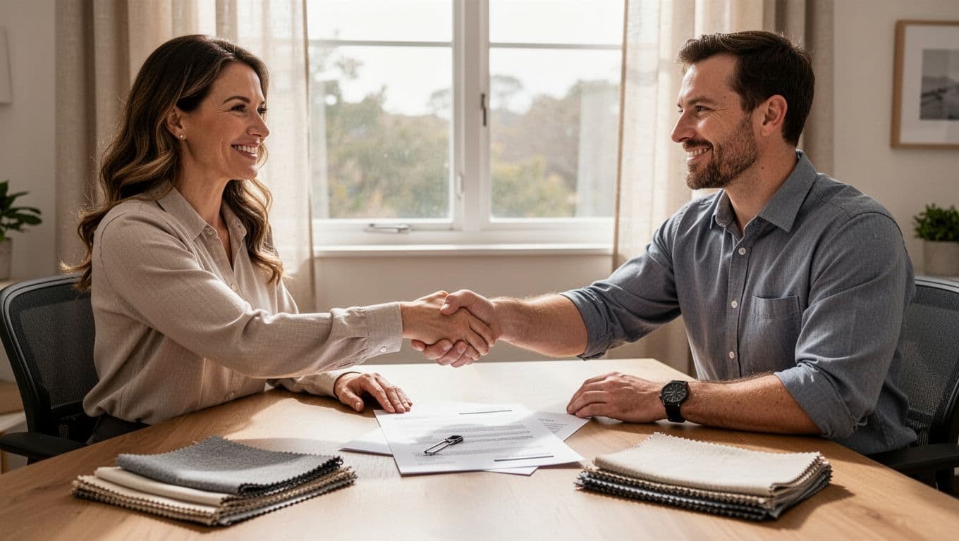 窗簾安裝難度影響報價?這些窗型最常加價 In a sunlit home office, a homeowner and installer shake hands over a contract on the desk with curtain samples nearby, capturing a professional friendly moment.