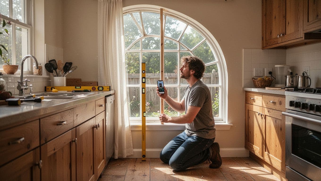 窗簾安裝難度影響報價?這些窗型最常加價 A person kneels in a sunlit kitchen near an irregular arched window, using a level tool and phone camera to check the curved shape for curtain installation. Warm natural light illuminates the countertop with minimal utensils, photorealistic style with one person only.