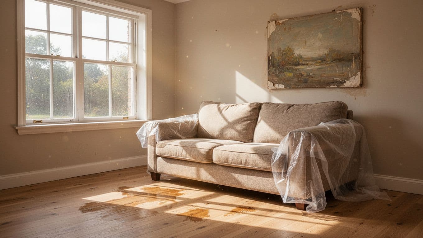 Realistic photo of a cozy living room interior where afternoon sunlight streams through a large window onto a beige fabric sofa partially covered by a white sheet, illuminating sun-bleached spots on the light wood floor and faded edges on nearby wall art, emphasizing risks of UV exposure.