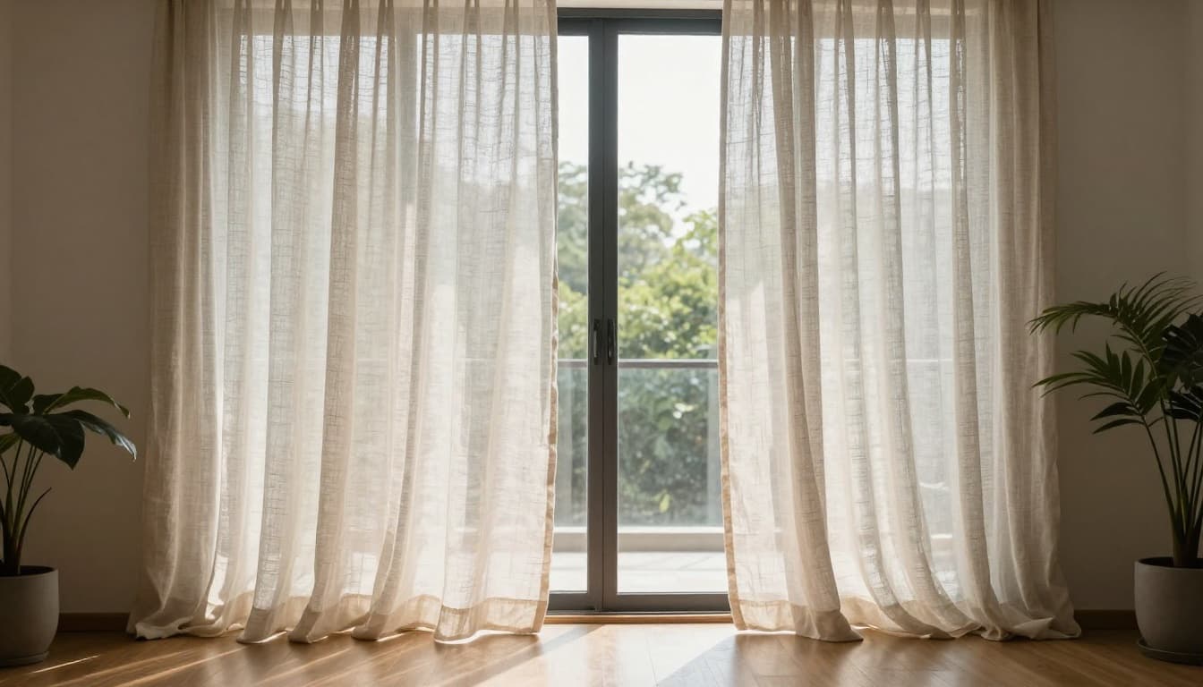大面窗訂製窗簾怎麼估價?先抓寬高面積數字 Photorealistic bright living room with one large floor-to-ceiling window covered in light, semi-transparent cotton linen curtains billowing gently from a breeze, diffusing soft sunlight. Modern interior includes wooden floor and potted plant, with foreground curtain texture and background outdoor greenery, cozy natural daylight mood.
