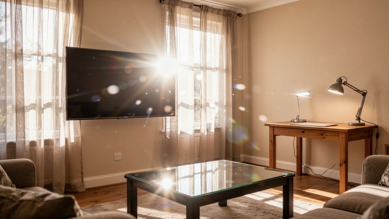 訂製窗簾抗UV值得選嗎?價格差異與實際效果解析 Bright living room interior with sunlight through sheer curtains causing intense glare on wall-mounted TV screen and glossy coffee table. Empty photorealistic space emphasizes eye strain from high-contrast natural daylight.