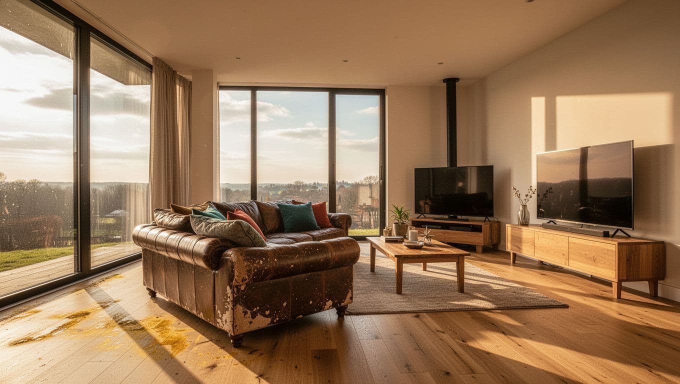 訂製窗簾抗UV值得選嗎?價格差異與實際效果解析 Photorealistic modern living room with large west-facing floor-to-ceiling windows flooded by intense afternoon sunlight, featuring subtle wear like yellowed wooden flooring and faded leather sofa, casting warm golden shadows in an empty cozy space.