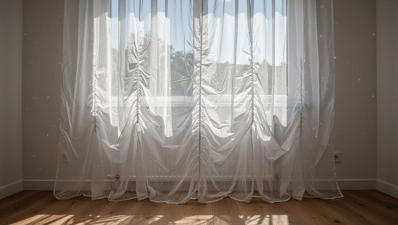 訂製窗簾想簡約?避開俗氣褶子的實用訣竅 A sunlit room showcases sheer white curtains overloaded with tight pleats, making wrinkles and seams starkly visible through the translucent fabric for a cheap, tacky look like budget wedding decor. Harsh backlight highlights uneven folds and stitching flaws against a plain wall and floor.