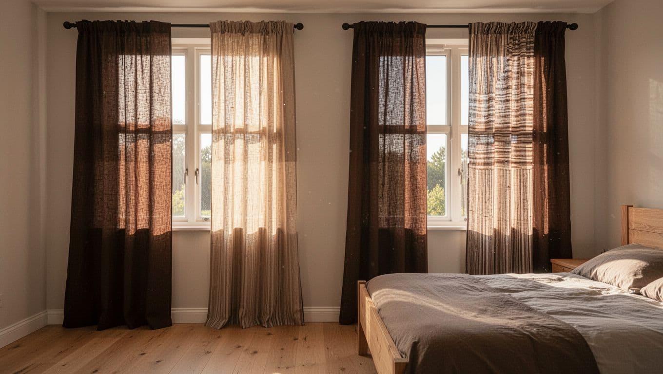 Photorealistic landscape of a sunny bedroom with two adjacent windows draped in dark coffee-brown curtains, featuring faded panels, fold lines, and shade variations from warm afternoon sunlight, light wooden bed and floor, no people.