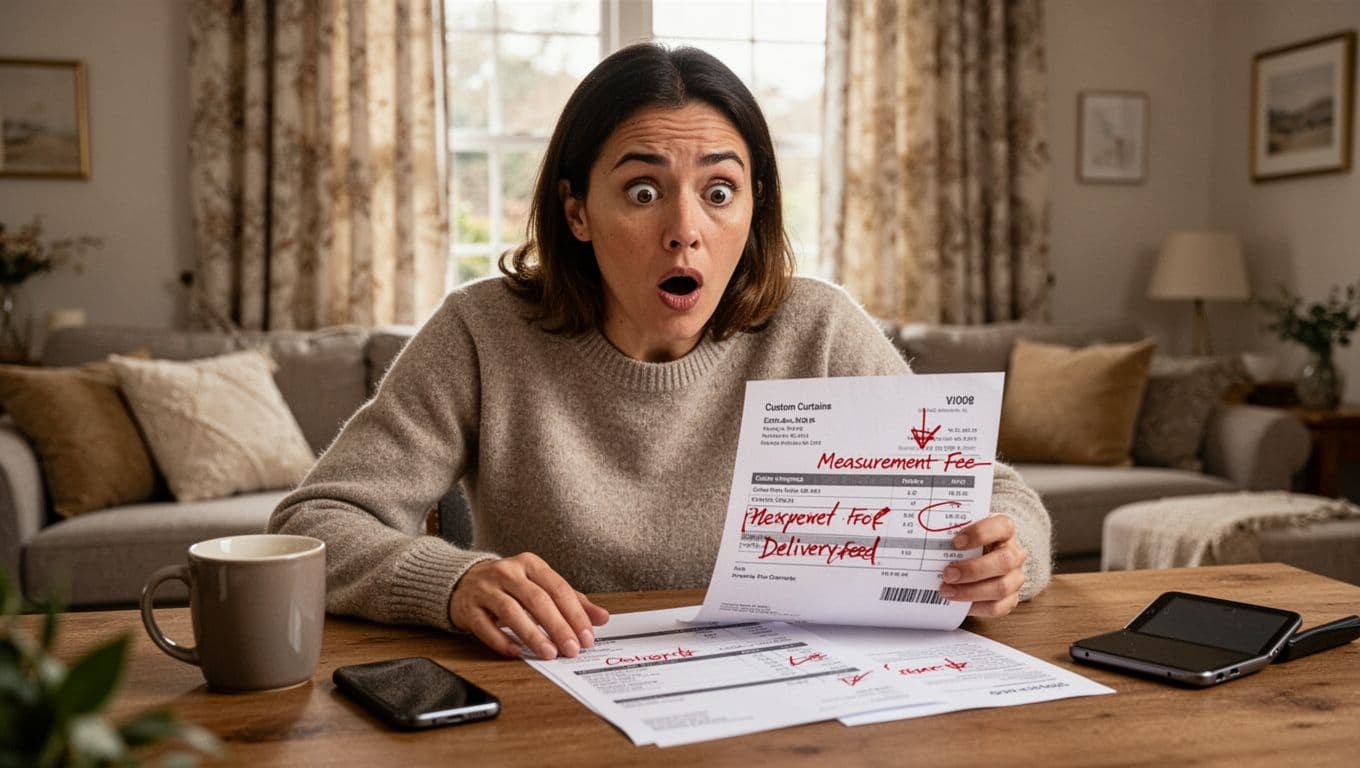 訂製窗簾最低價保證真假怎麼判斷?3步驟避開陷阱 Realistic photographic image of a surprised customer sitting at a home desk, staring at a printed invoice for custom curtains with unexpected extra charges like measurement and delivery fees highlighted in red pen marks. Cozy living room background with installed curtains visible through the window, soft natural daylight, detailed textures, exactly one person present.