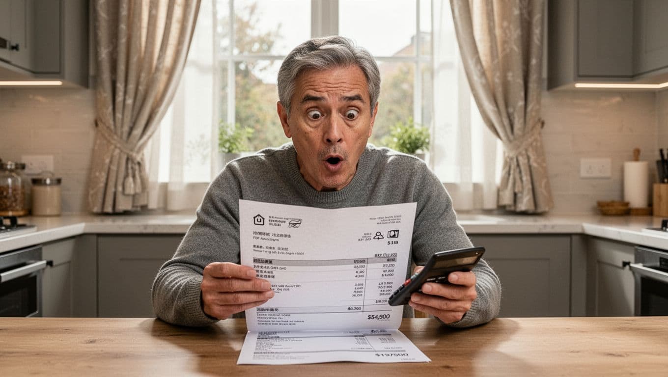 A surprised homeowner sits at the kitchen table, staring at a detailed invoice for custom curtains marked with additional fees, holding a calculator, in a modern kitchen with curtains on the window and natural light filtering in.