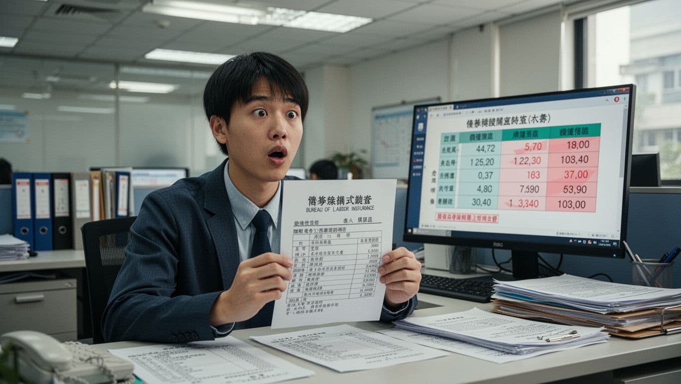 A young employee in a modern Taiwanese office looks surprised while holding a labor insurance audit notice, with a computer screen showing low salary brackets and organized documents in the background.