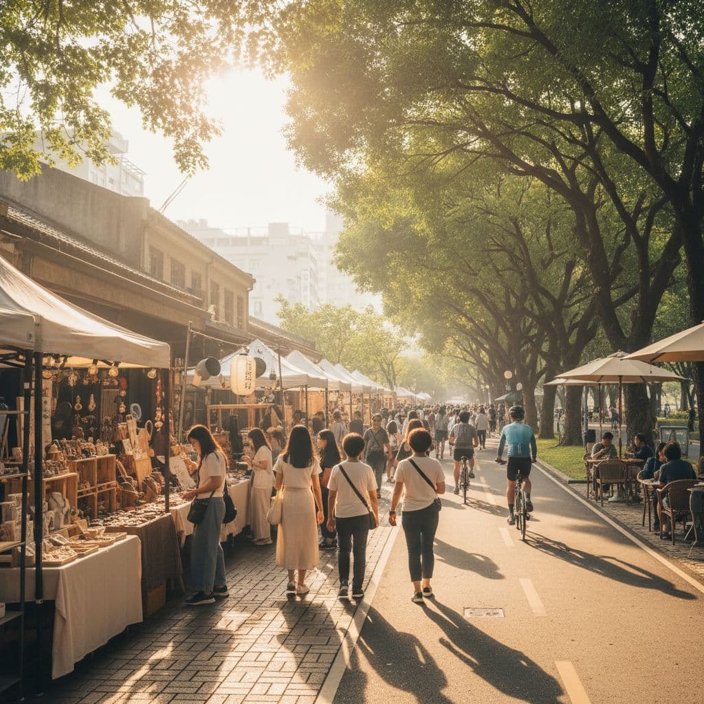 台中審計新村早上市集與草悟道公園的活力景象