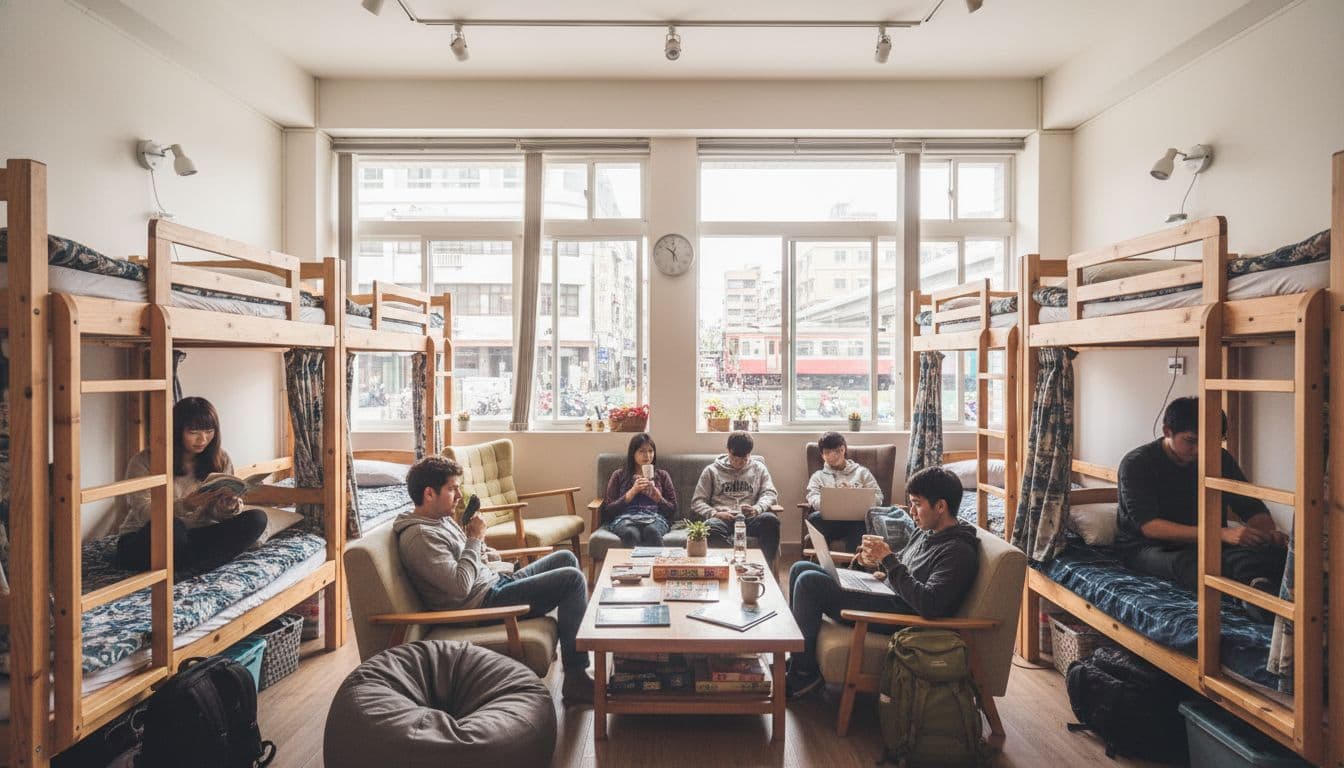 A cozy and budget-friendly backpacker hostel in Taichung near the train station, showing shared dorm rooms with bunk beds separated by gender, common lounge area with comfortable seating, natural light from windows, travelers relaxing and chatting, warm wooden tones, urban view outside, in a realistic style with soft lighting and inviting atmosphere.